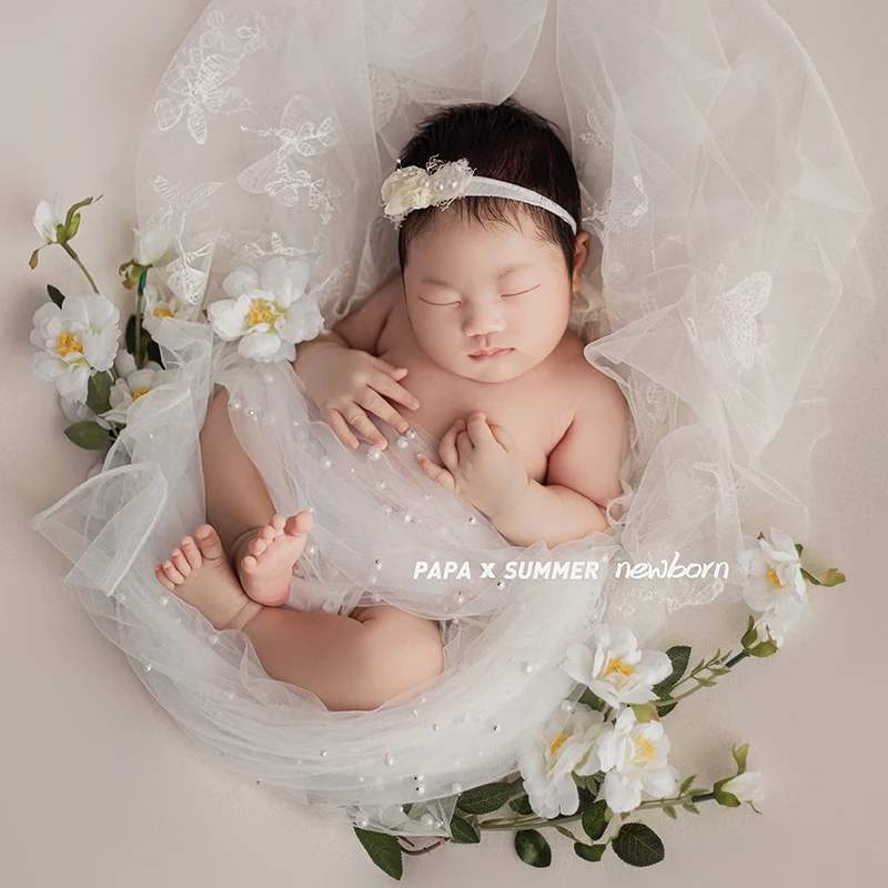 

Pure White Newborn Photography Prop Baby Girl Shoot Decoration Butterfly Pearl Mesh Backdrop Blanket Studio Photo Accessories