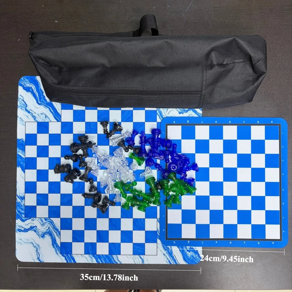 2-4 Player Chess Set, with 64 pcs (4 different colors) Chess pieces, 2 size Chess mats with black carry bag, for Christmas gift