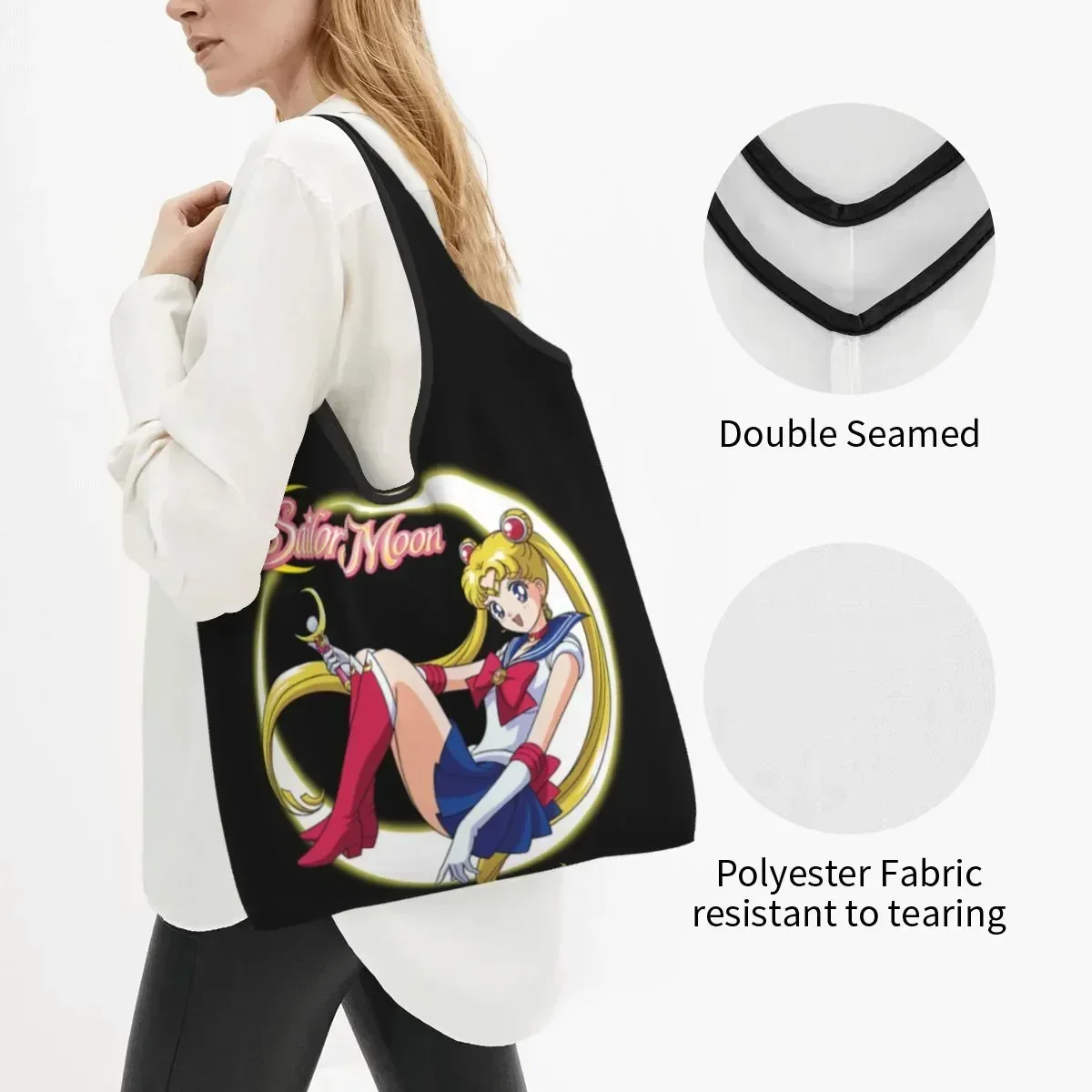 Recycling Sailors Moon Shopping Bag Women Tote  Portable Anime Grocery Shopper s