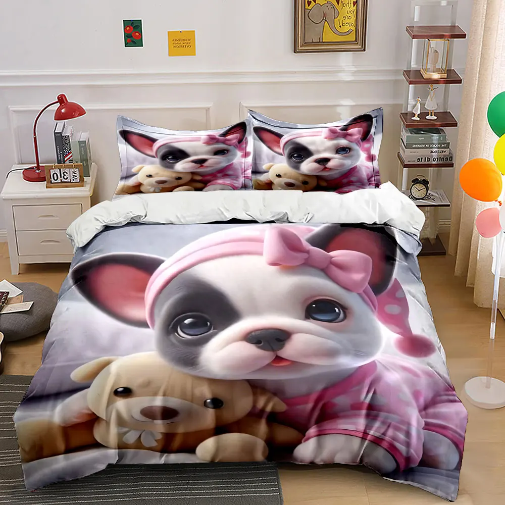 Cute puppy cuddling teddy bear Bedding Set 1 Duvet Cover 2 Pillowcases for Adult and Children Luxury Gift Full Size