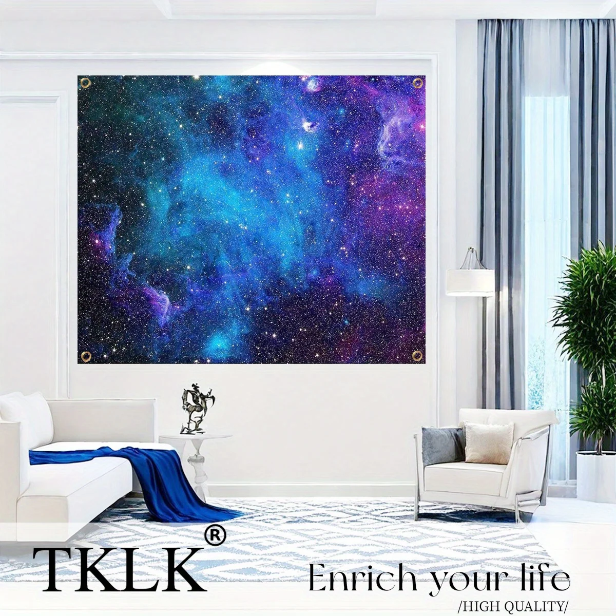 Tapiz espacial de galaxia grande para dormitorio, estética, 180x120cm, 70x47 pulgadas, cielo estrellado azul, estrellas, universo, nebulosa misteriosa