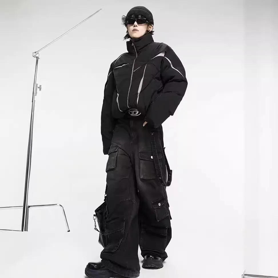 American Style Hiphop Straight-Leg Jeans Multiple Pockets Trendy Vintage Wide-Leg Baggy Pants for Men Y2k Streetwear Koran