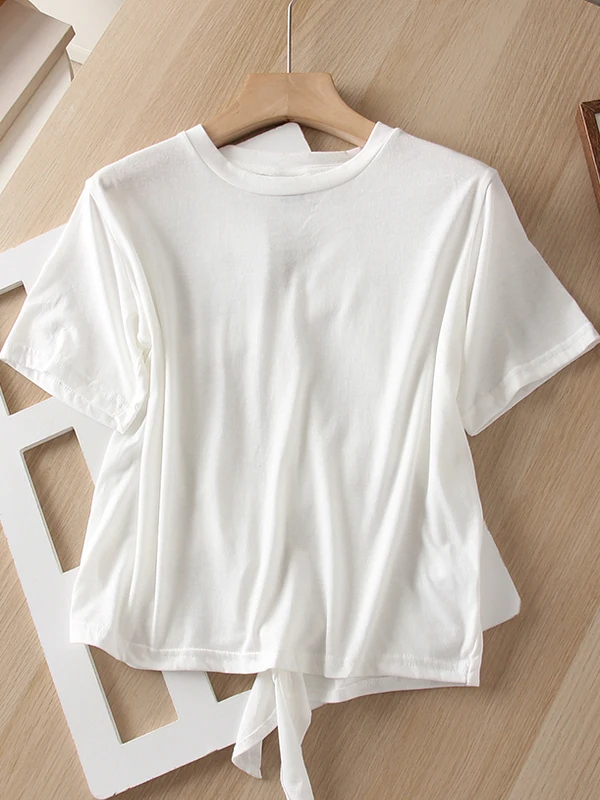 T-shirt bianca con cinturino scavato Bal ort Sve T-shirt estiva da donna nuova allentata di piccole dimensioni Top coreano Sle Dstring Umidità...