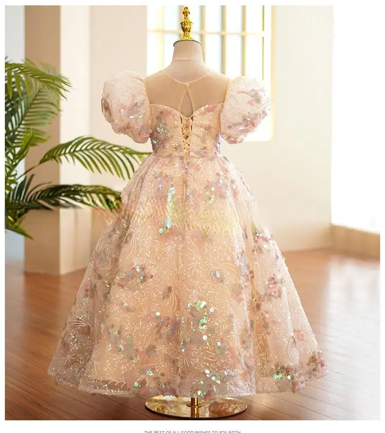 Bling Bling Beaded Crystal Flower Girls abiti per matrimonio Tulle lunghezza del pavimento ragazza Pageant abiti da festa di compleanno