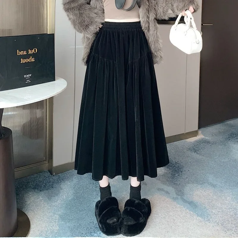 Minifalda de terciopelo de cintura alta para mujer, falda Midi acampanada, diseño de otoño e invierno, falda con paraguas que cubre la cadera, estilo coreano