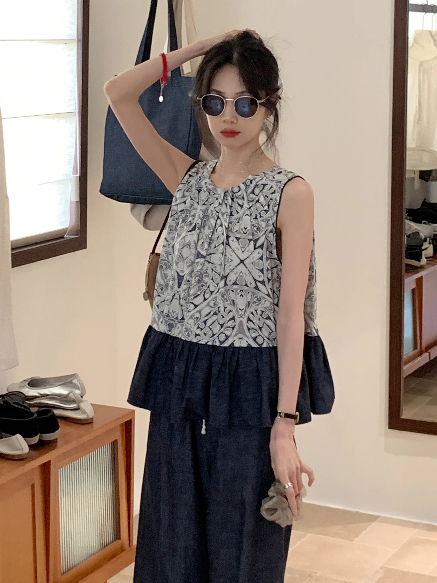 

YNVN Summer Off-oulder Denim Print Patchwork Svel Vest Women's Design Doll irt Loose Fit round Ne Korean Sle