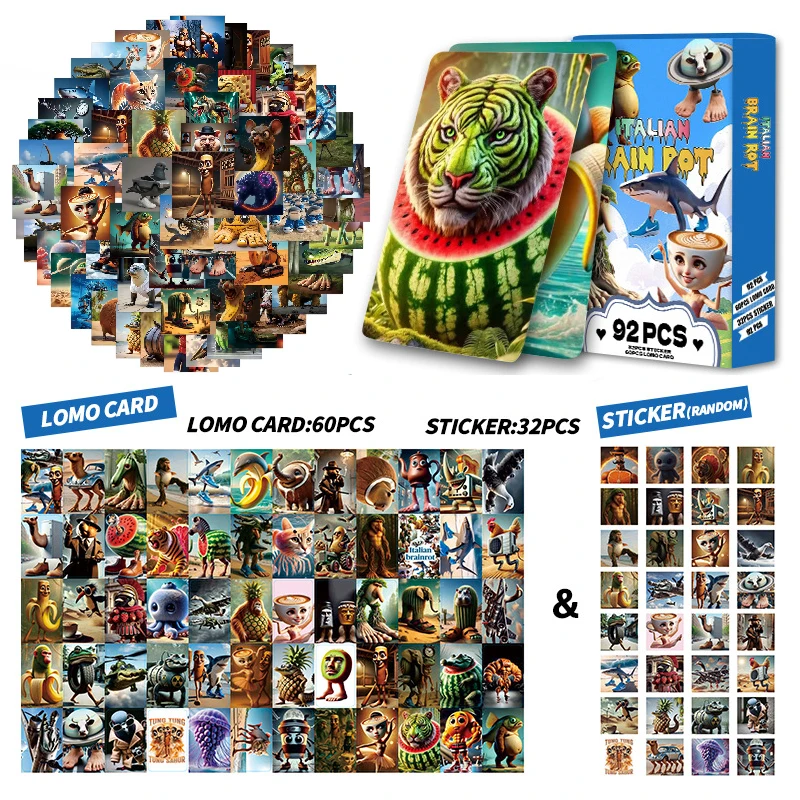 92pcs/set Italian Brainrot Stickers and double-sided Lomo Cards TungTung Sahur Tralalero Tralala Collection card stickers