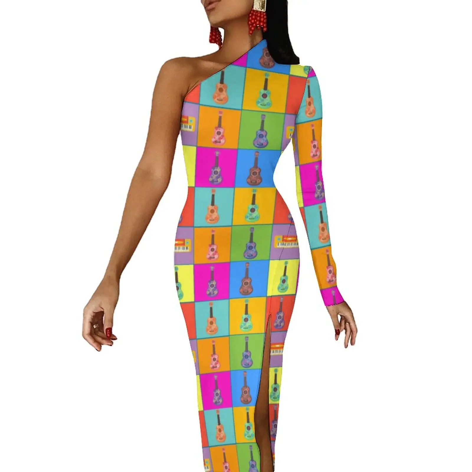 Colorful Music High Slit Bodycon Dress Women Pop Ukulele Art Night Club Maxi Dress Long Sleeve Aesthetic Graphic Dresses Gift