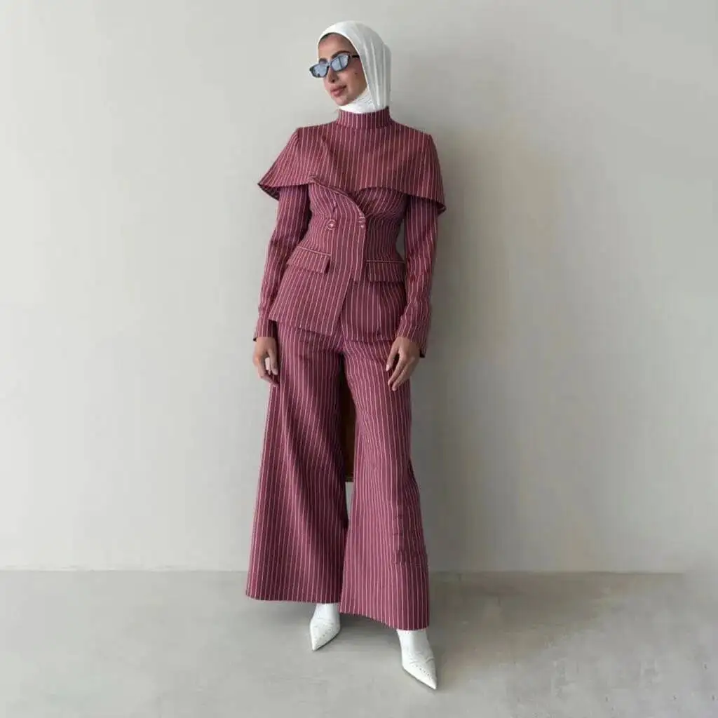 

KWTX High-neck Striped Fitted Unstructured 2025 Spring New Versatile Design Casual Suit Jacket With Loose Trousers Suit Set