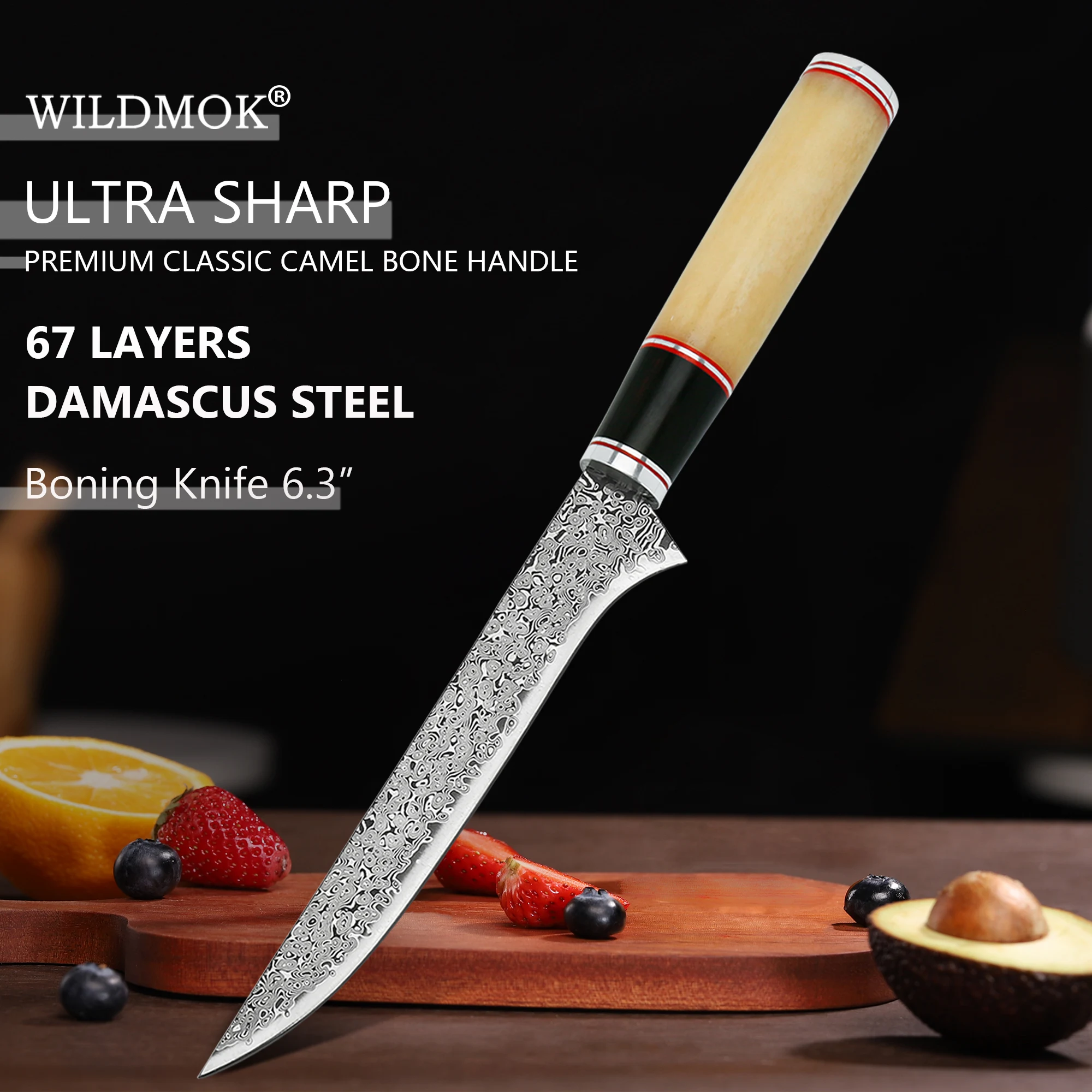WILDMOK Forged Damascus Steel Blade 6.3 Inch Boning Knife, Premium Natural Camel Bone Comfort Grip for Kitchen Cutting Knives