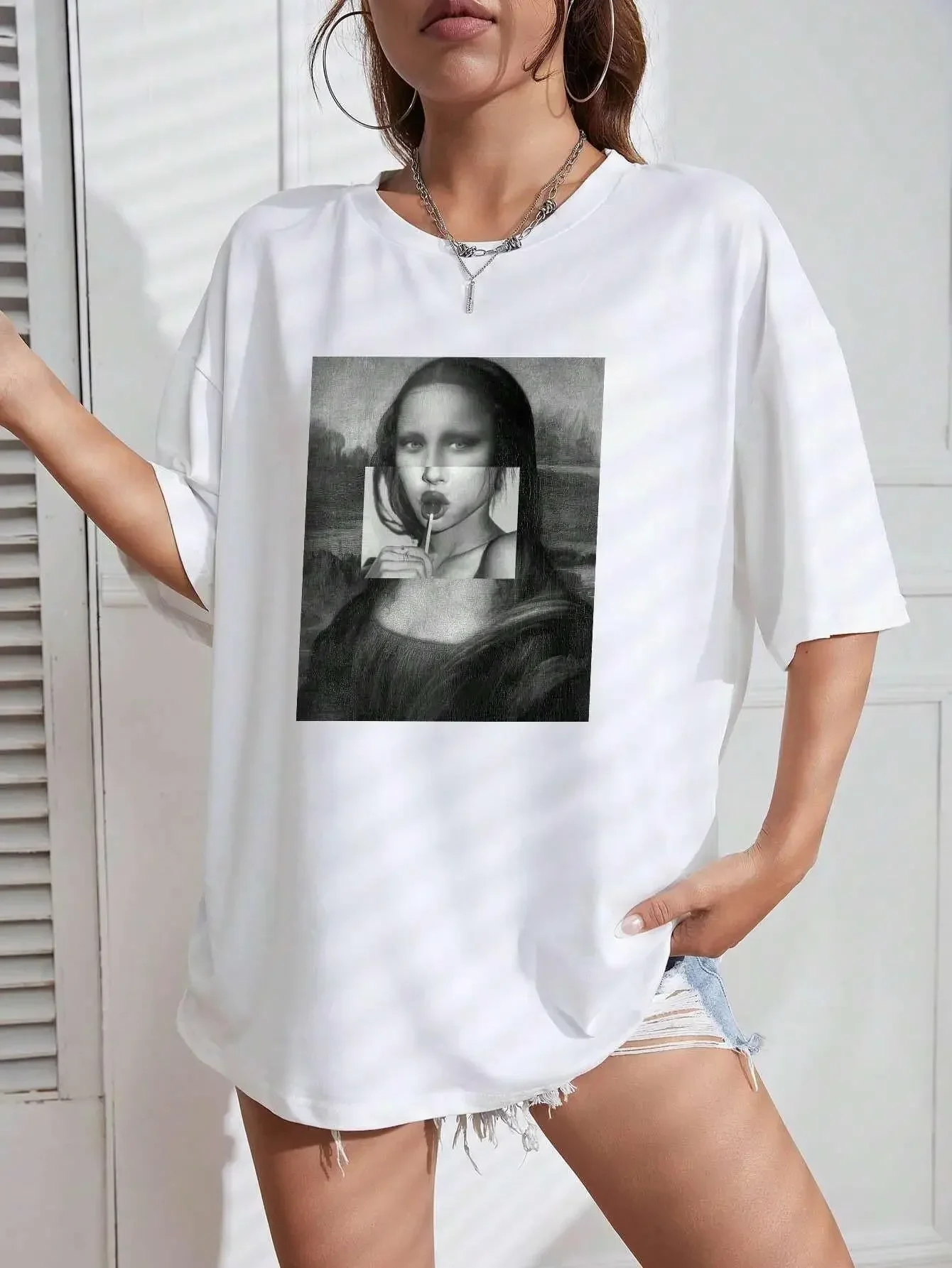 Mona Lisa drink breathable casual relaxed hip hop fashion comfortable men women universal short-sleeved round neck T-shirt