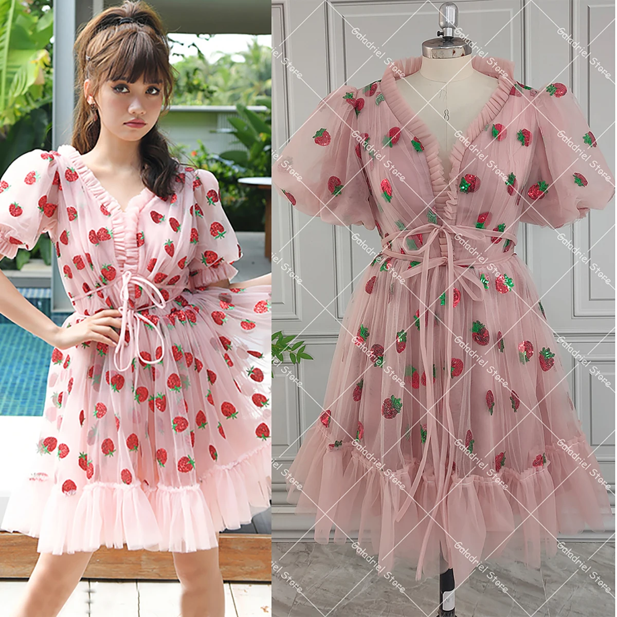 Mini vestido de vacaciones de jardín de fresas, cuello en V, tul con volantes, picardías de princesa personalizado para cumpleaños, corpiño, baile, graduación, vacaciones