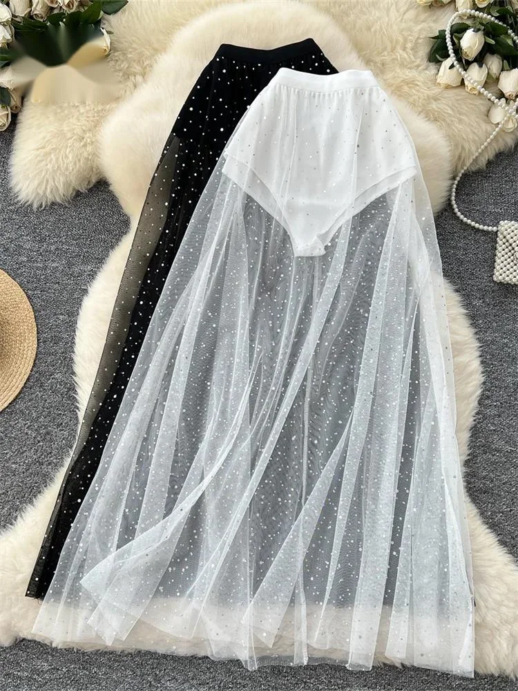 

Модная сетчатая юбка с пайетками, тонкая, прозрачная, с высокой талией, женская летняя повседневная одежда в корейском стиле, блестящая свободная юбка