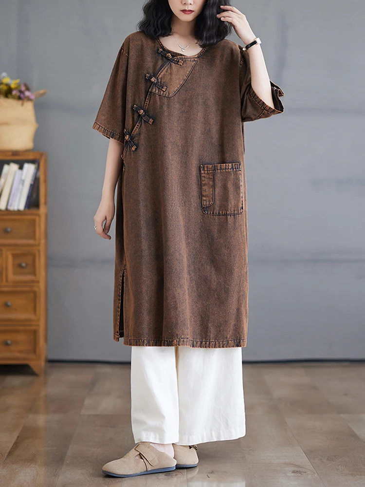 Amax luluE Chinese Spring Womens Vintage Denim Oversized Dresses Loose Casual Luxury O Neck Vestidos Ladies Classic Long Clothes