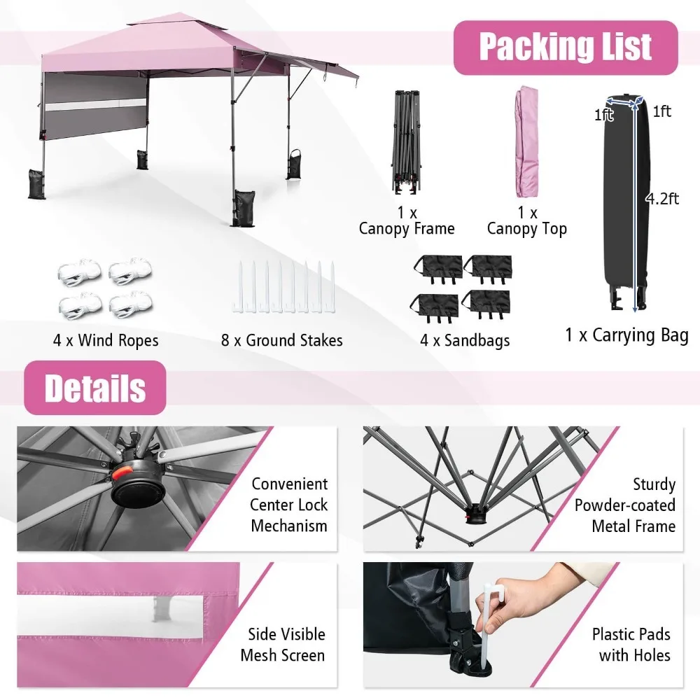 10'x17.6' Outdoor Instant Pop-up Canopy Tent Dual Half Awnings Adjust Patio Pink view 2
