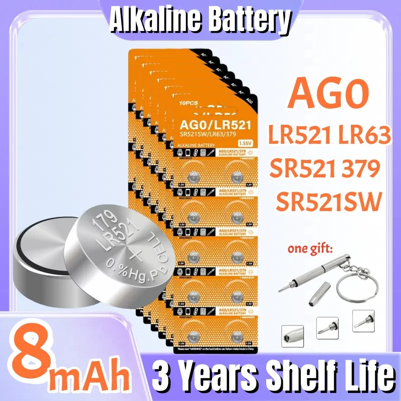10-160 Uds AG0 LR521 baterías LR63 SR521 SR521S SR521SW SR63 379 1,5 v pila de botón alcalina para relojes calculadoras