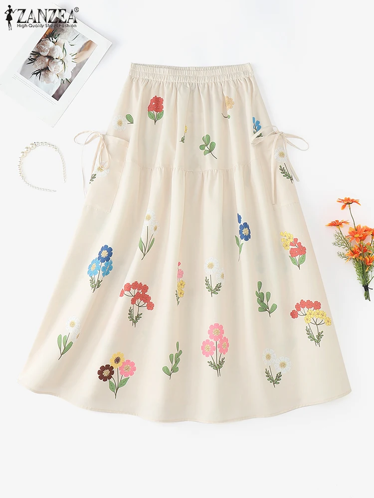 2025 zanzea moda feminina maxi saias outono longo bottoms floral impressão férias cintura elástica casual oversized jupes faldas saia