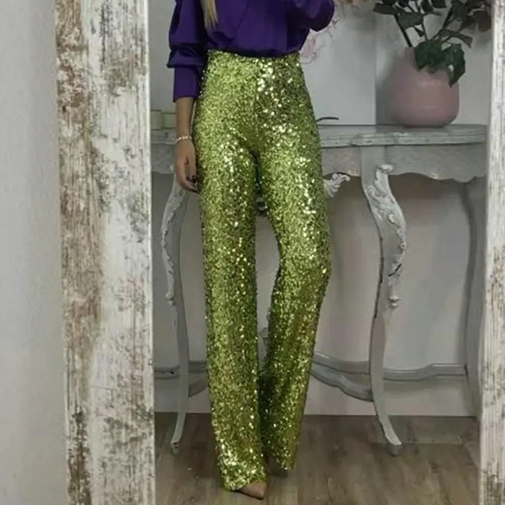 Women Pants Sequins High Waist Flared Pants for Women Shimmering Slim Fit Trousers with Elastic Waistband Stylish for A