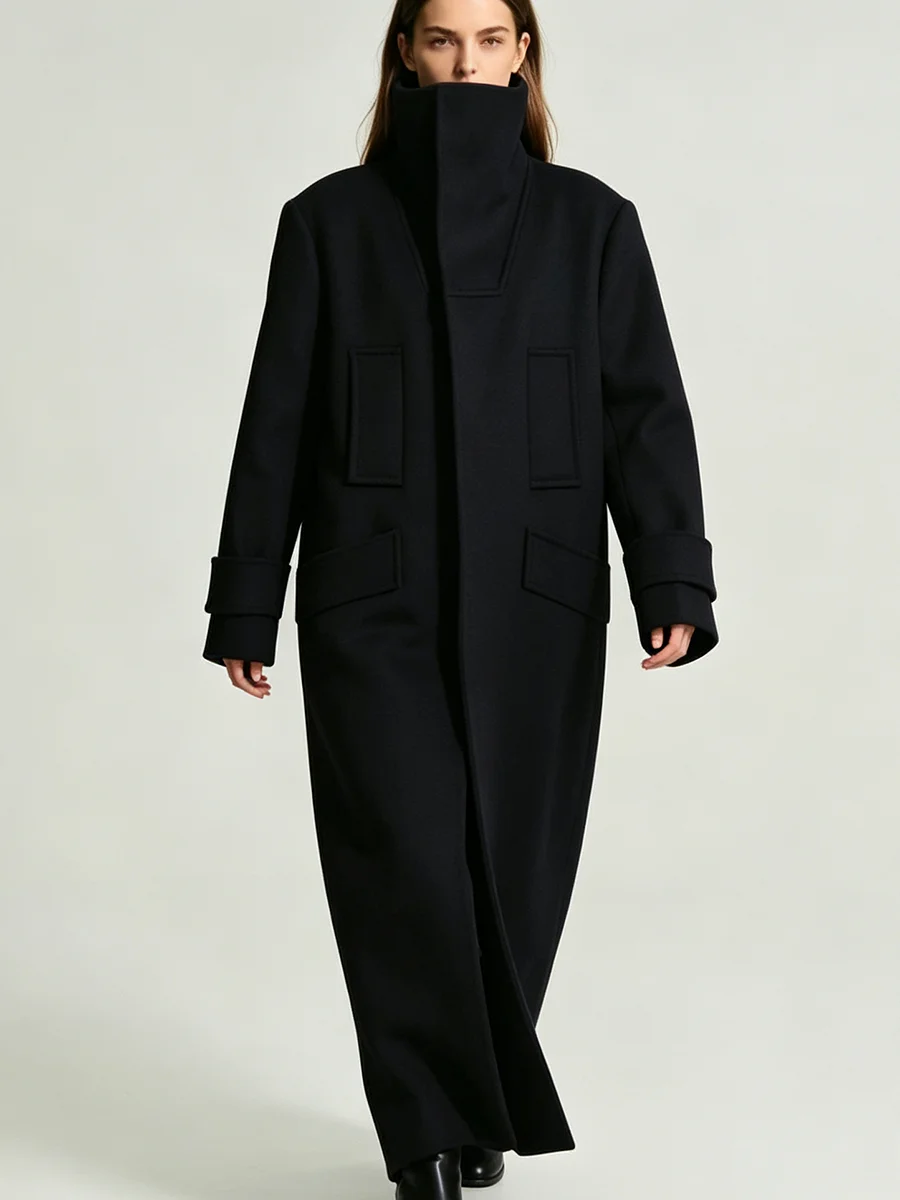 LIMO Women High Stand Collar Long  Blend Coat Solid  Pocket Design Loose Elegant Autumn Winter Ladies Outerwear