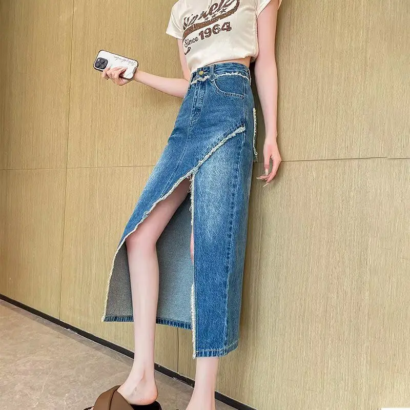 

Джинсовая юбка средней длины с высокой талией и разрезом, женская повседневная юбка трапециевидной формы с застежкой на пуговицы, дизайн с разрезом Ba