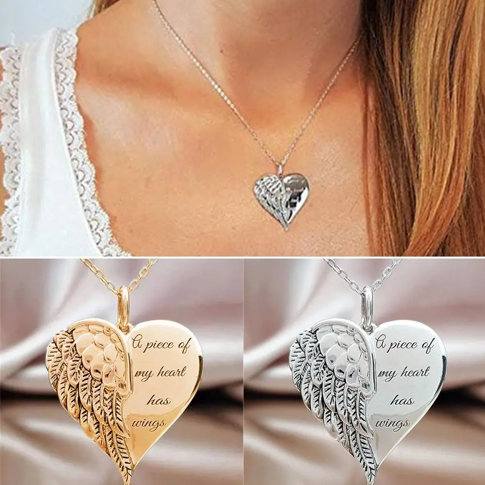 Fashion Angel Wing Heart Pendant Necklace, Stainless Steel Guardian Angel Charm Necklace, Dainty Simple Minimalist Necklace
