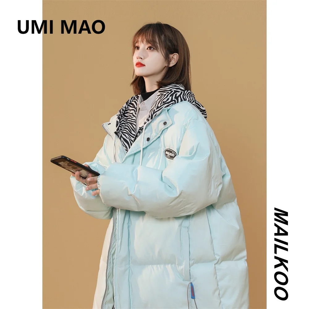 UMI MAO Winter Jacket Cotton Jacket Casual Zebra Pattern Patchwork Hooded Thick Warm Cotton Coat Femme Y2K