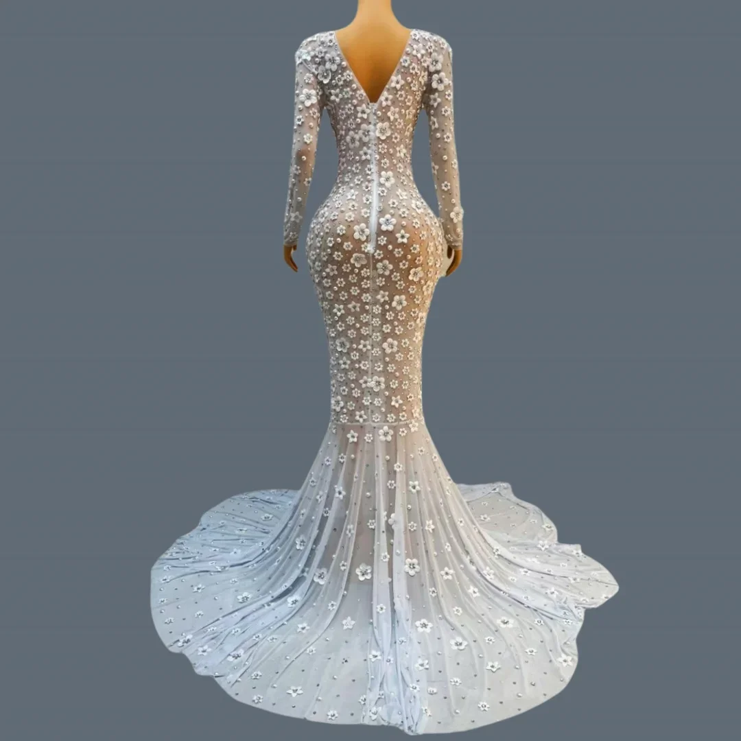 Abito da festa di compleanno di lusso Elegante fiore sexy Maglia trasparente Bianco Lunghezza pavimento Abito lungo Abito da sposa da donna di fascia alta