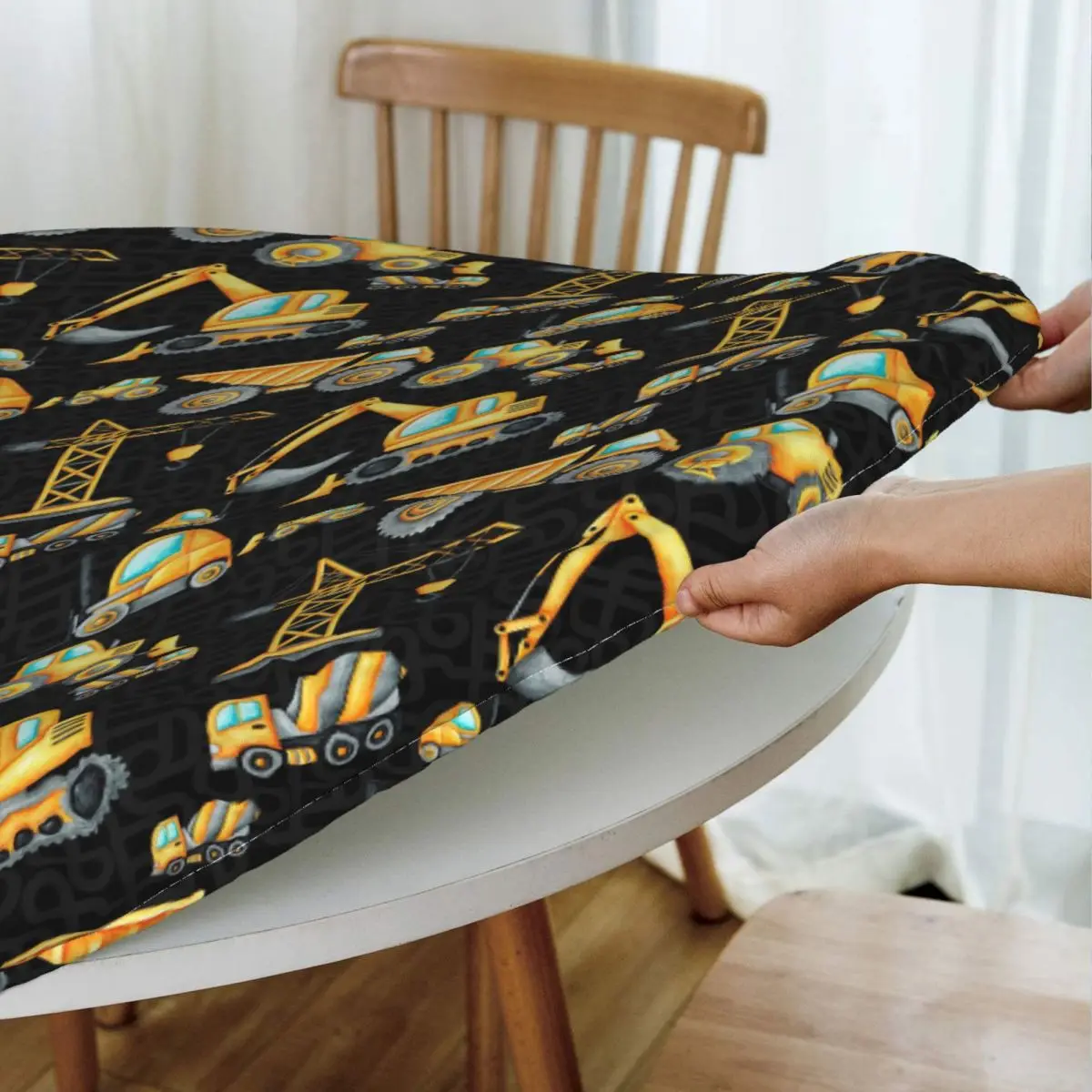 Yellow Construction Trucks Pattern Waterproof Round Tablecloth Oilproof Table Cloth for Kitchen Events Dining Table Cover