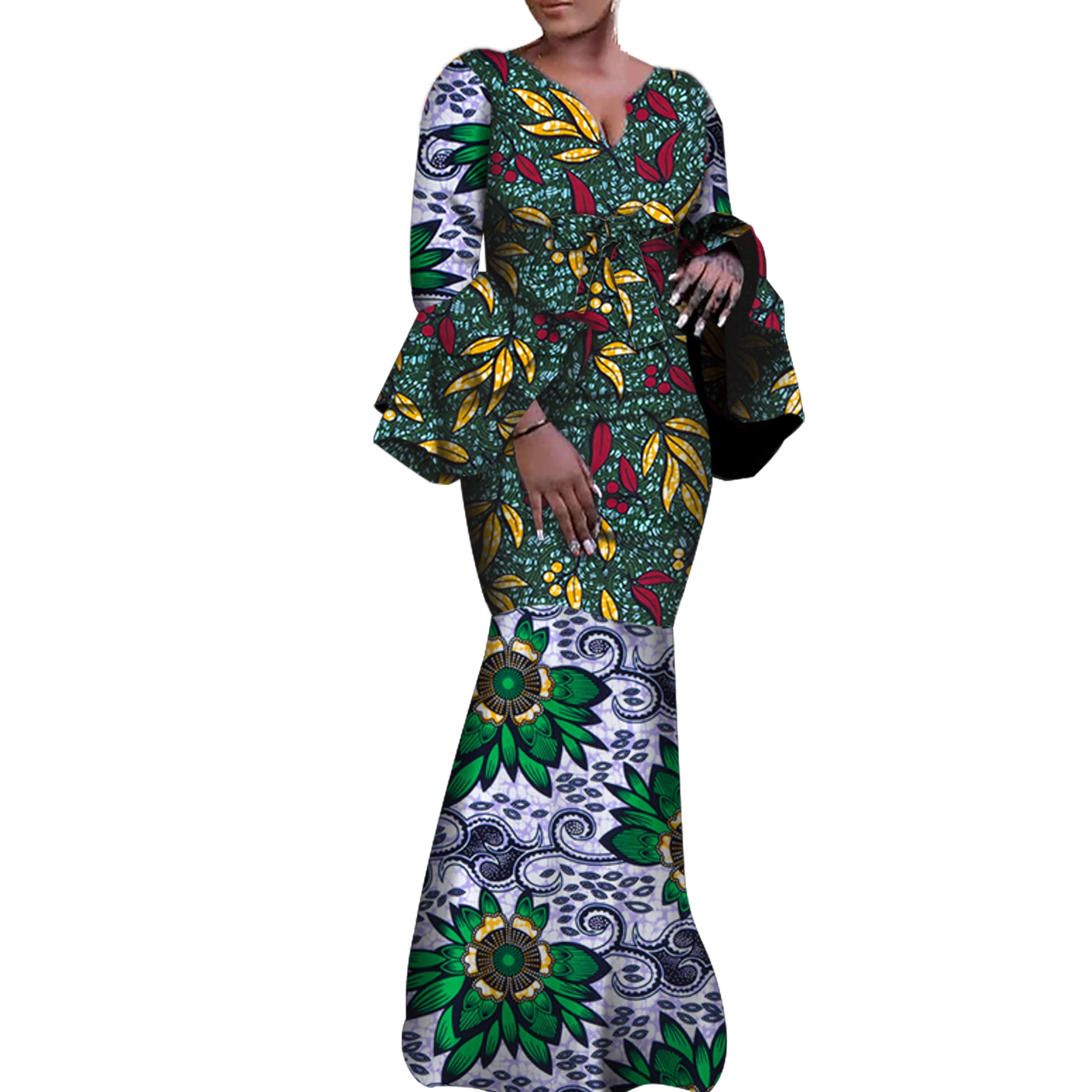 

African Women Dresses Long Sleeve African Clothing Wedding Party Long Sleeve Africa Print Bridesmaid Dress WY6397