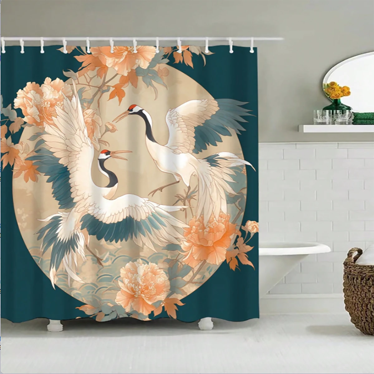 1 pc Chinese style crane pattern shower curtain with no punching, waterproof and mold resistant, simple Nordic bathroom curt