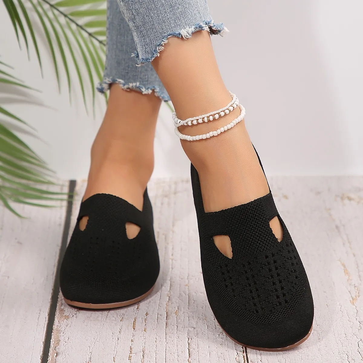 Loafers Autumn Casual Shoes Women Flat Heel Square Toe Hollow-out Sneakers Barefoot Shoes Moccasin Female Knitted Flats