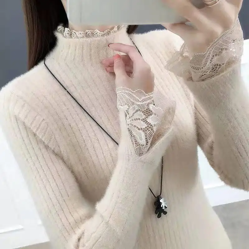 Elegant Half High Collar Knitted Spliced All-match Lace Sweaters Women\'s Clothing 2022 Autumn New Casual Pullovers Korean Tops