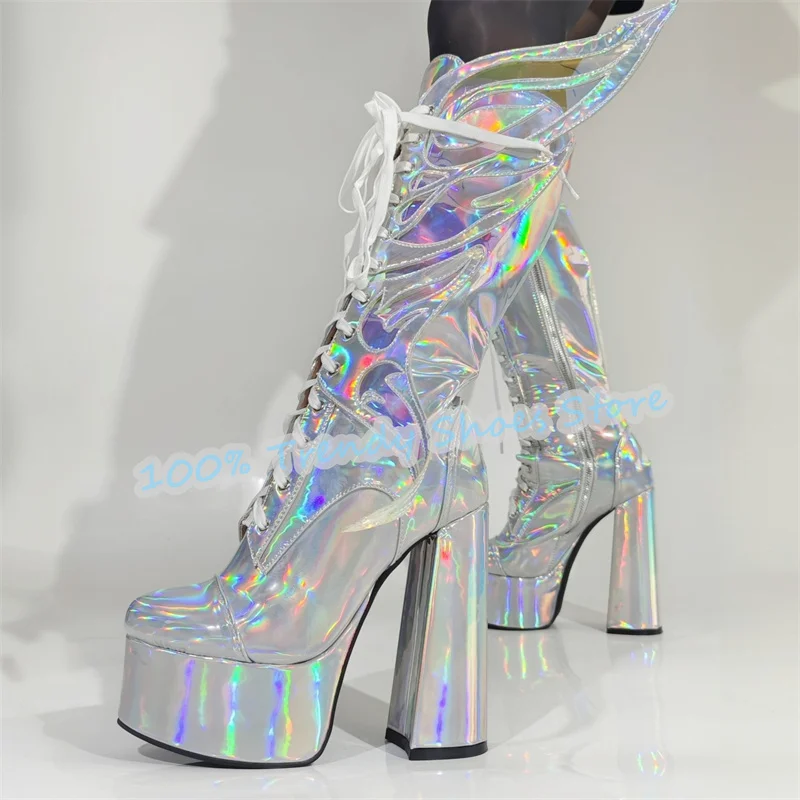 Fantasy Silver Butterfly Wings Decor Knee High Women Boots Punk Chunky Platform Square High Heel Lace-Up Knight Boots for Lady