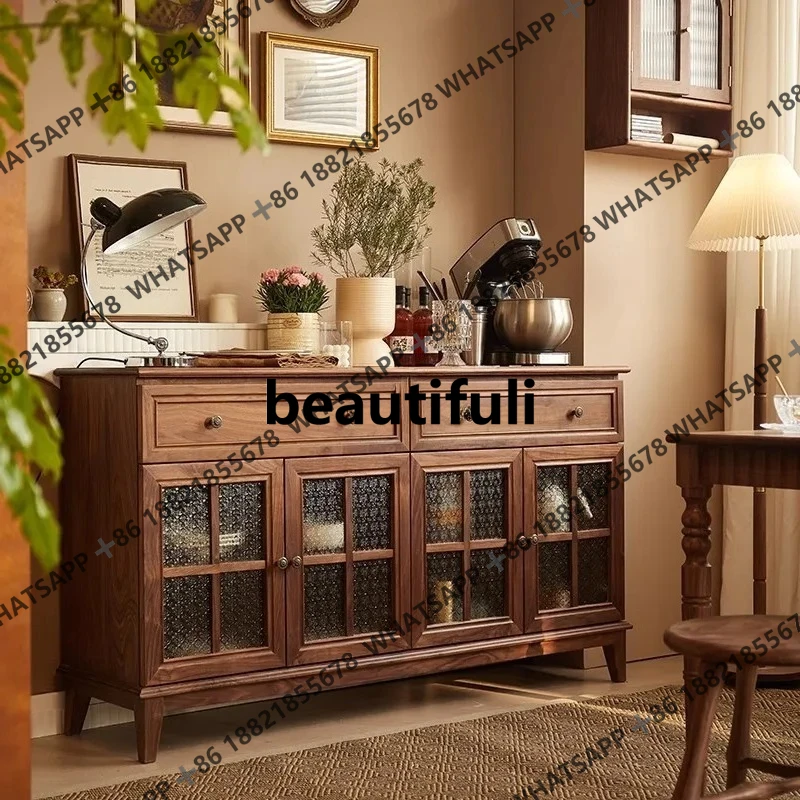 

American Style All Solid Wood Vintage Glass Door Sideboard Cabinet Living Room Storage Locker