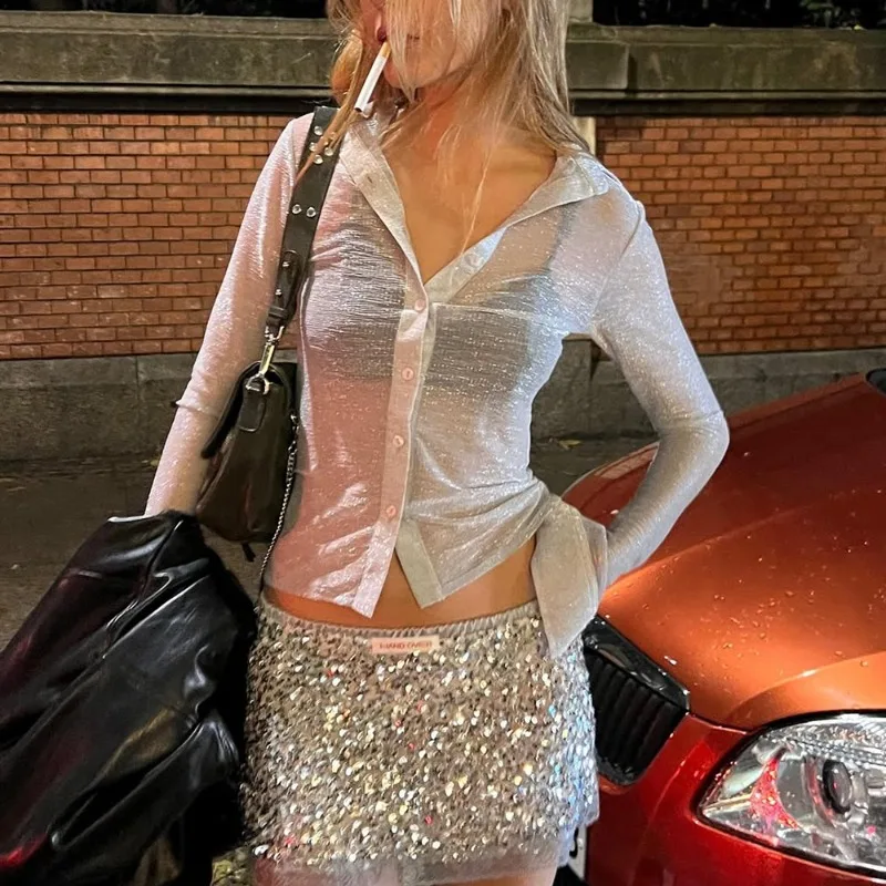 

Talenza Women's Summer Blouses Sexy See-Through Slim Single-Button Collar Long-Sleeve Shirt Casual Streetwear 2026 Female Shirt