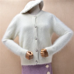 Women Mujer Autumn Winter Clothes Hairy Soft Angora Rabbit Hair Knitted Long Sleeves Crop Top Loose Cardigans Sweater Jacket