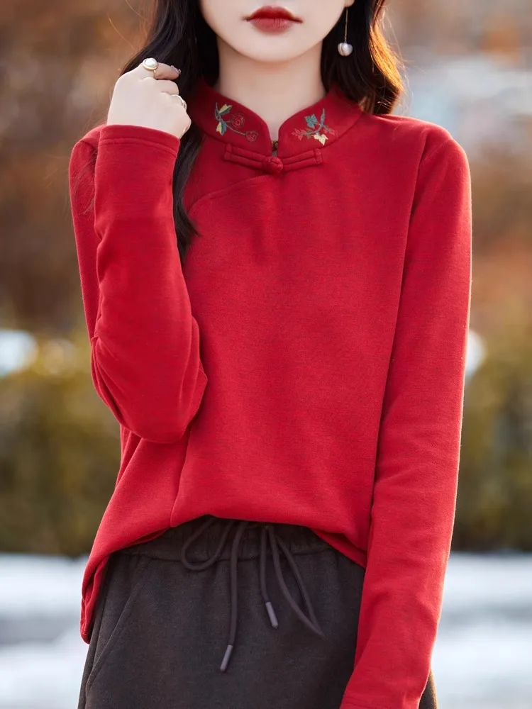 

Красный двусторонний женский топ Camere, новогодняя футболка с вышивкой National Faion, теплая футболка с базовым слоем irt