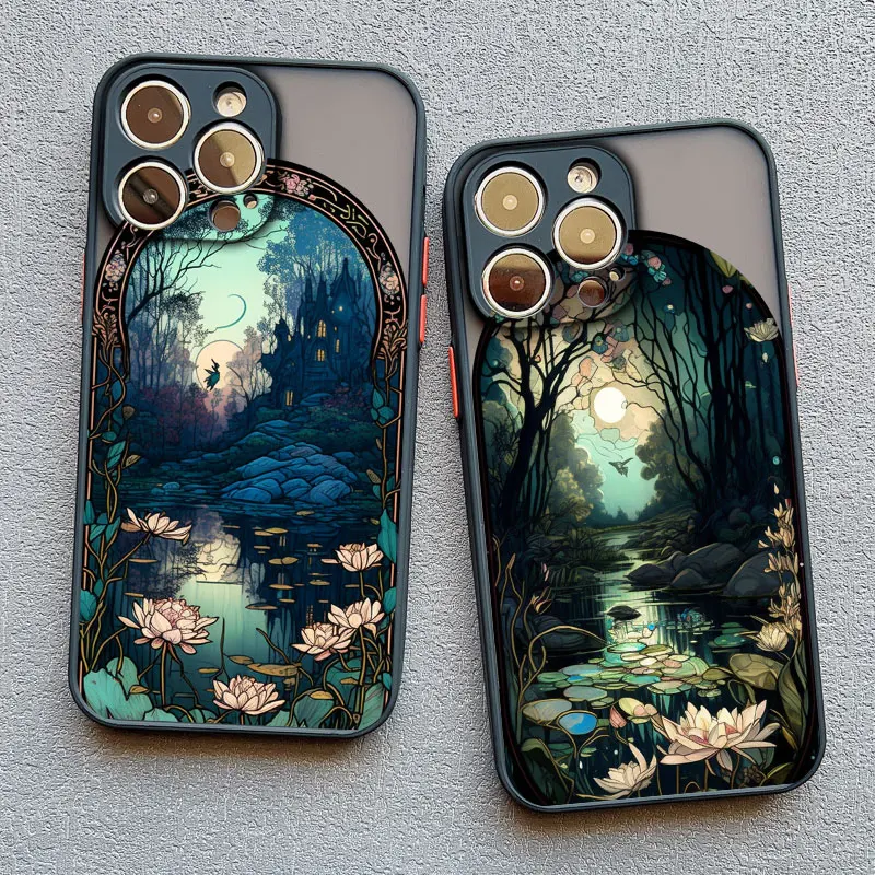 Chinese style Lotus Flower Pond Phone Case For Iphone 14 Pro 15 Pro Max Plus 11 12 13 Mini Pro Max XR XS X 7 8 Plus Cover Fundas