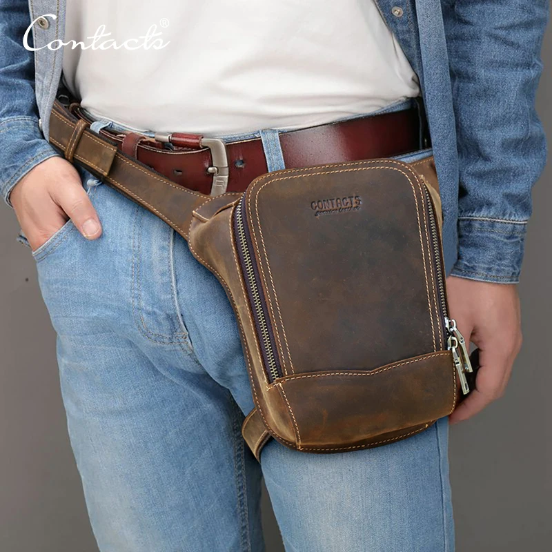 CONTACT'S Genuine Leather Motorcycle Waist Leg Bag Men Hip Bum Pack Leg Side Bag Vintage Outdoor Rider Bag Tactical Travel Bags