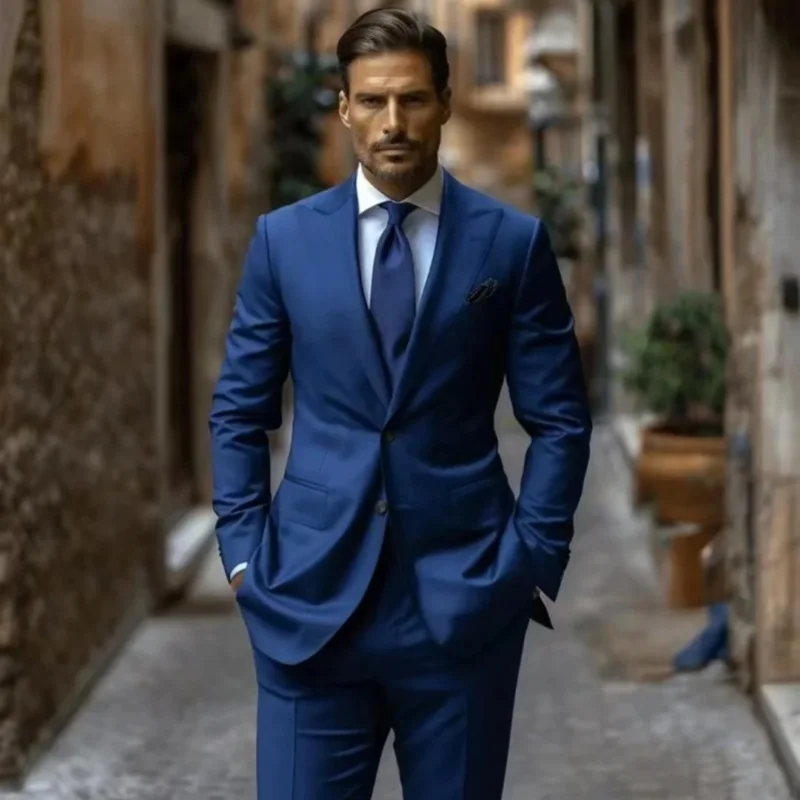 Navy Blue Men's Two-Piece Suit Wedding & Business Single-Breasted Slim-Fit Formal Jacket & Trousers Elegant Men's Blazer