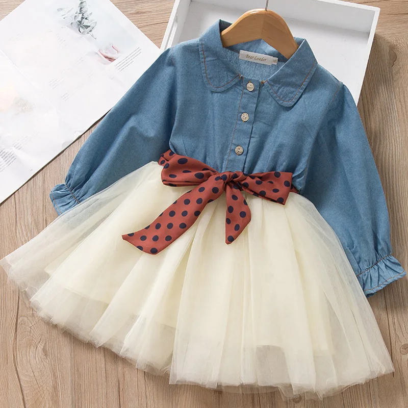 Spring Autumn Girls Dress Korean Version Denim Stitching Mesh Dress + Detachable Polka Dot Belt Suit Dress