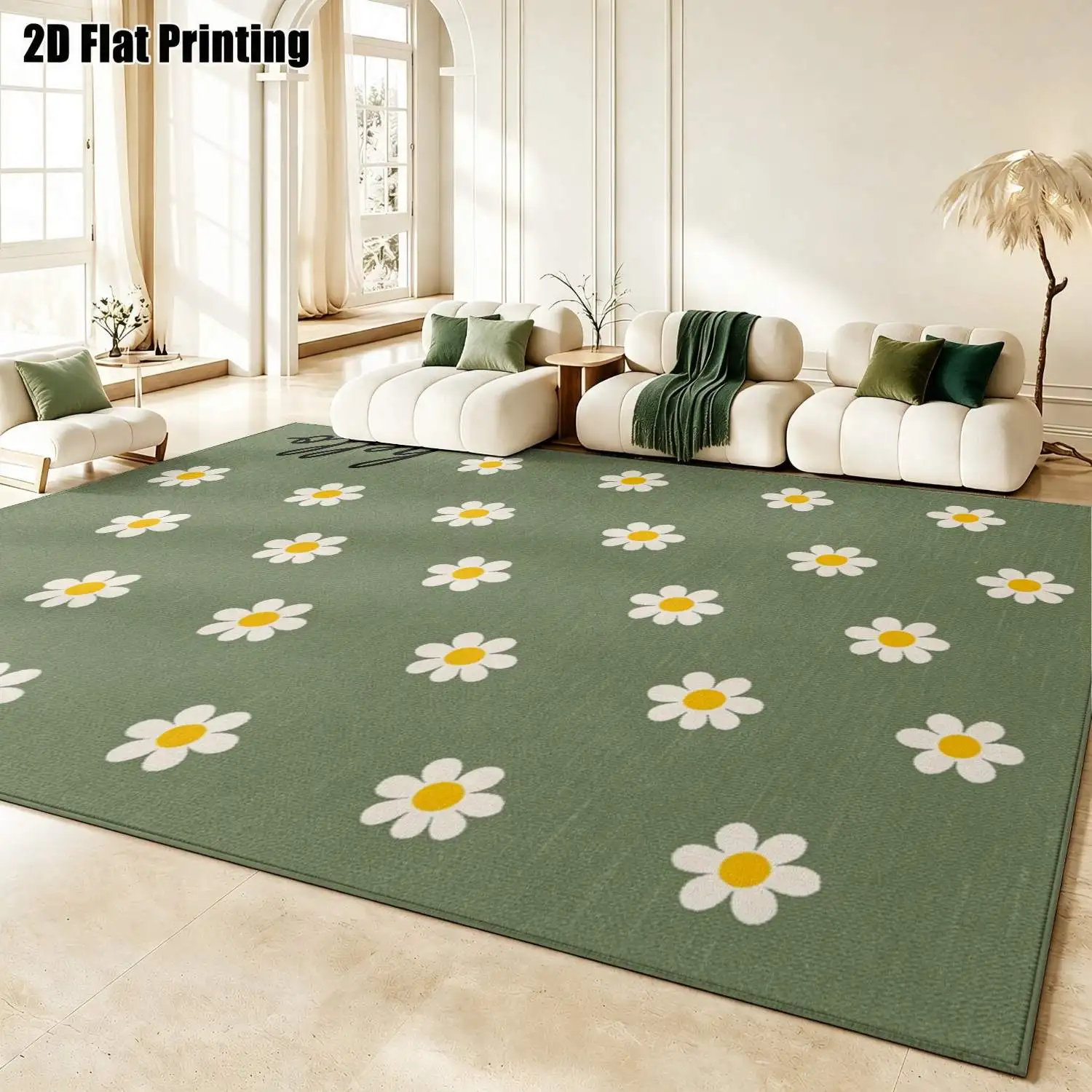1Pc 2D Printed Dark Green Daisy Pattern Carpet: Instagram-Style Minimalist Floor Mat for Home Decor, Multi-Size, Machine Washable, Versatile for Entrance, Dining, Bedroom Etc