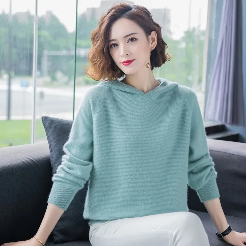 New Fashion Autumn Winter 100% Mink Cashmere Sweater Women Knitted Hooded Warm Lady Grade Up Jumper and Pullover Soft Warm Tops