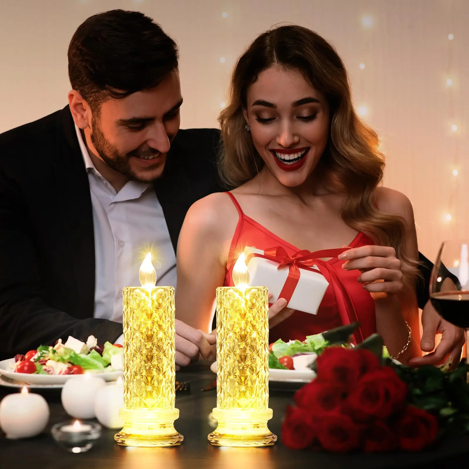 Rose Shadow Flameless LED Candles Romantic Battery Operated Candles for Outdoor Tables Christmas Valentine\'s Day