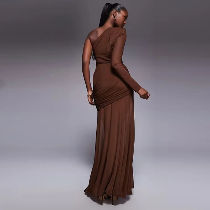 Maßgeschneidertes, schulterfreies, langärmliges, sexy Abendkleid für Damen, modisches, rückenfreies, figurbetontes Abendkleid aus Mesh