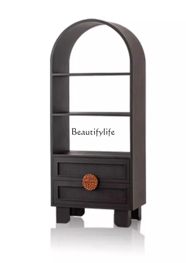 

New Chinese retro book arched integrated against the wall living room rattan display cabinet medium antique black display shelf