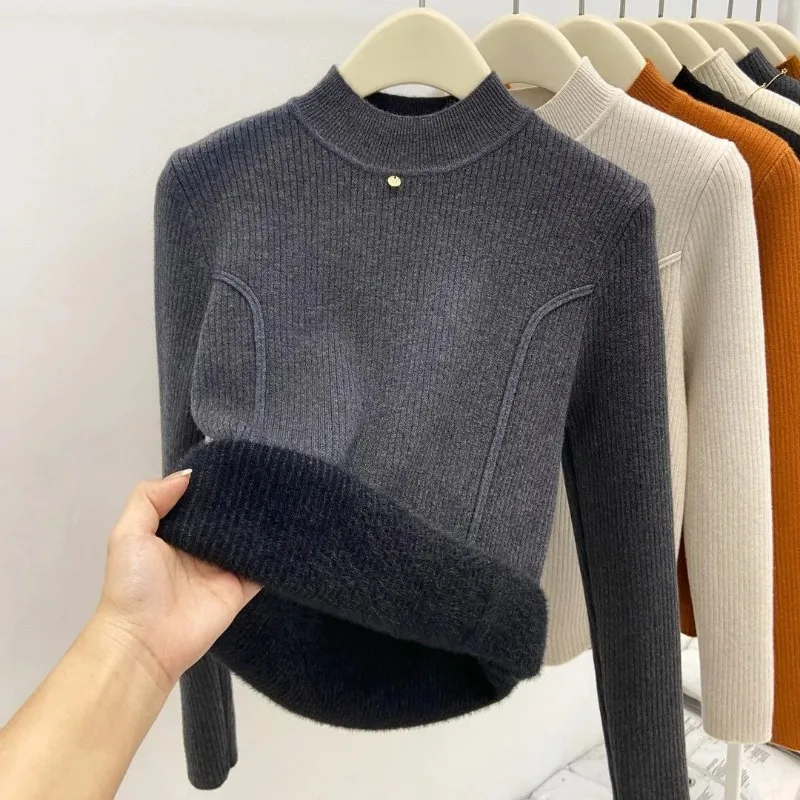 Women Fleece Lined Mock Neck Knit Sweater Autumn Solid Slim Warm Ribbed Basic Layering Top