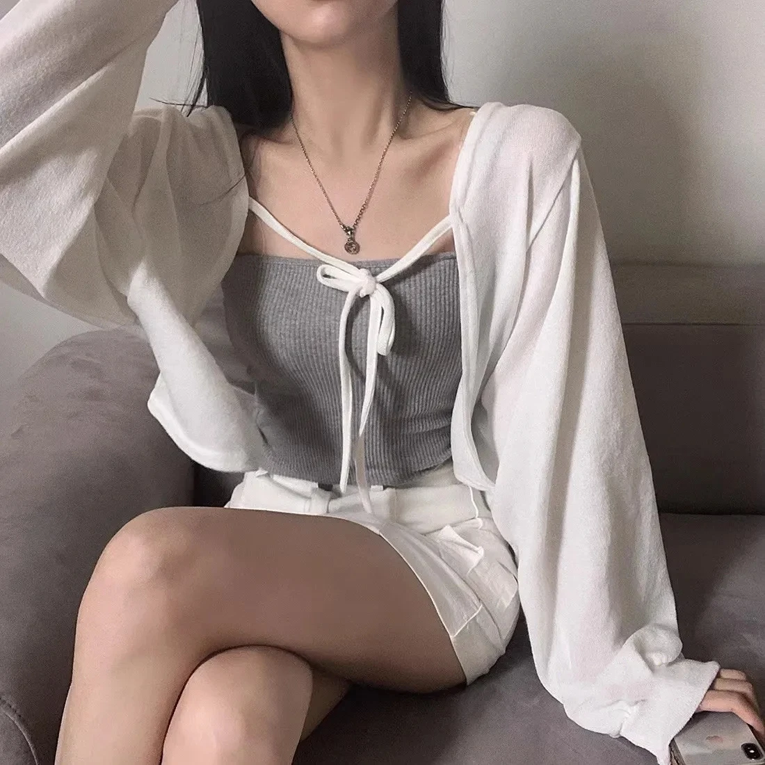 Summer Knitted Cardigan Women Fashion Thin Sunscreen Lace-Up Knitwear Tops Y2k Girls Korean Style Lantern Sleeve Cropped Coat