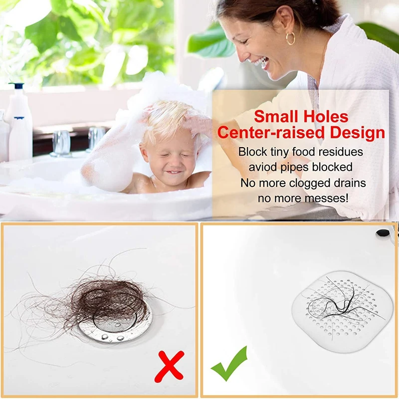 Bouchon de douche en silicone avec ventouse, attrape-cheveux, couvercle de vidange carré, facile à installer, trempé, 6 pièces