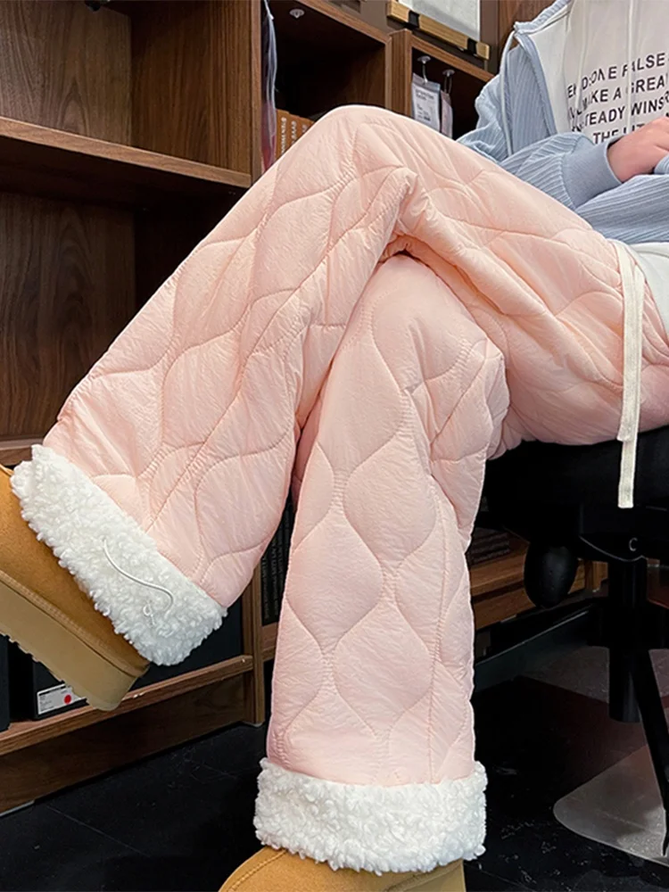 

Dopne Pink Diamond Patterned Lamb Velvet Patchwork Thiened Warm Cotton Pants for Men And Women Autumn Winter Straight Le...